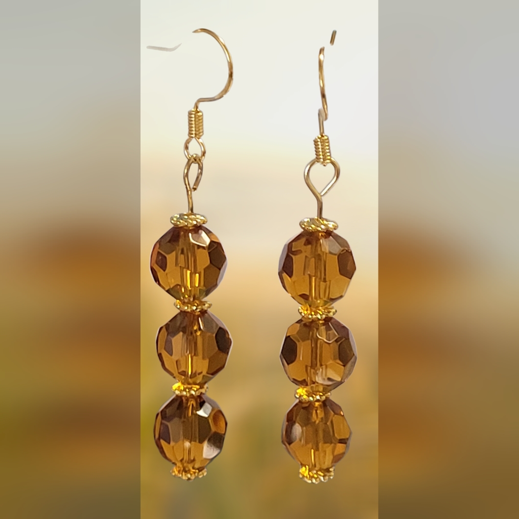Amber Colored Multifaceted Glass Bead Dangle Earrings